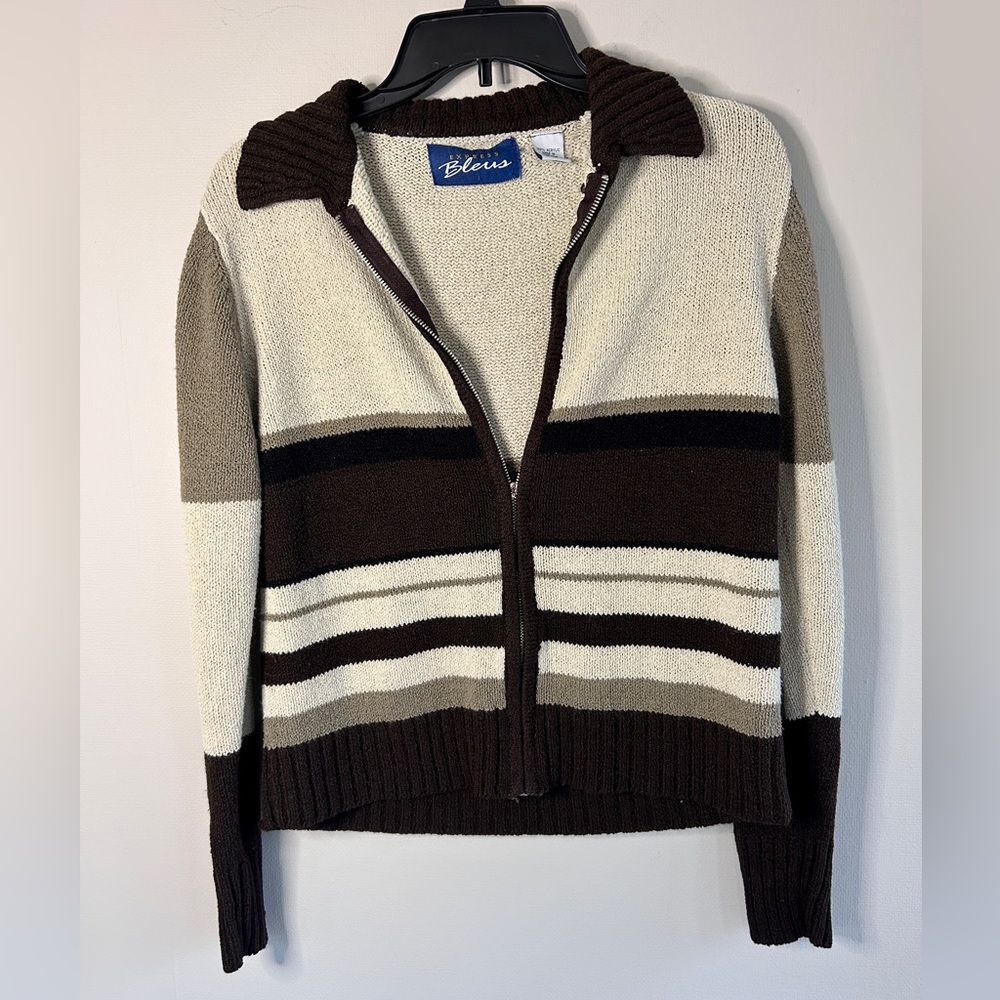Y2K EXPRESS 90s Brown Rugby Striped Sweater Jacket Academia Preppy Après Size M - Picture 3 of 10